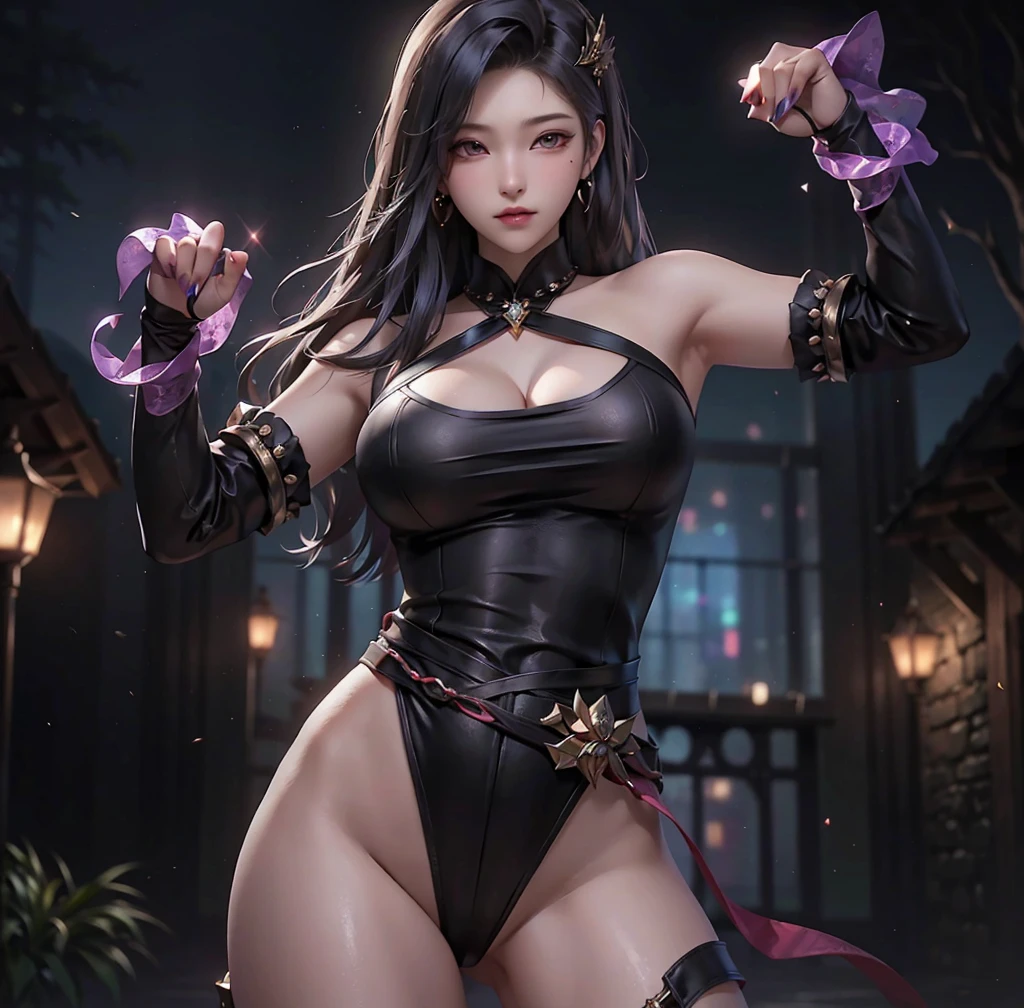 Chinese big breasts,Oriental black eyes,Long black hair tied into a Chinese ponytail,in a black leather cloak, With metal shoulder pads,Scattering starlight,fanciful ,Black gold mix,Colorful pattern, Dragon pattern, prinz, 宮,lightning effects,Keep your arms behind your back ,