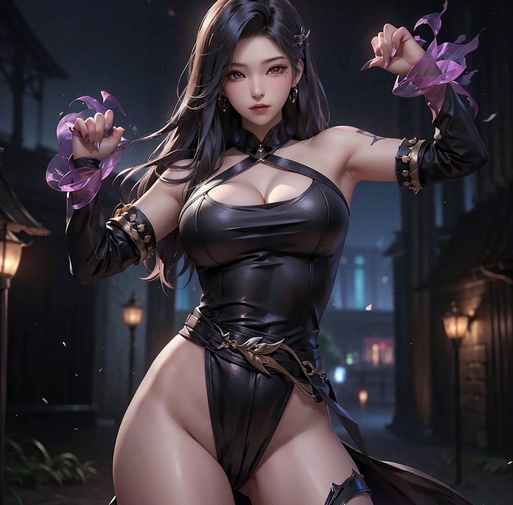 Naked of breast，huge boob，There are abs，Muscle woman，Purple colored hair，Black transparent bikini