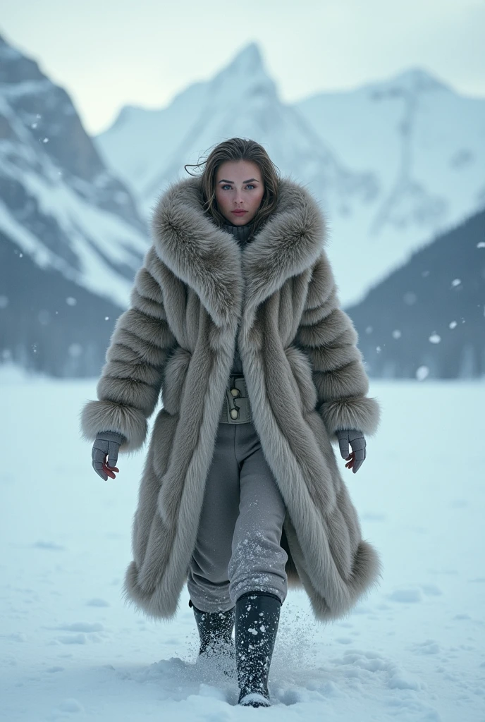 Winter Prompt: Augustina stands in a snowy forest at a steep south mountain side, wrapped in a warm leather fur and seams in cotton-broidery cloak adorned with feathers. Her cloak features the Adler (Eagle) symbol, signifying truth and loyalty. Around her neck, she wears a necklace with the Auge des Medizinmannes (Medicine Man's Eye), symbolizing spiritual wisdom. The winter scene around her reflects the serene and contemplative energy of the season. Clothing and Symbols: Leather cloak with feather details Necklace with the Medicine Man's Eye symbol Embroidered eagle symbols on her cloak