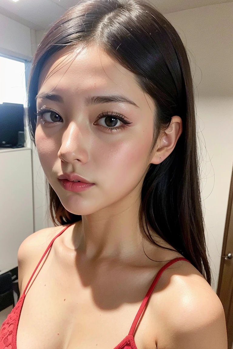 Attractive 20-year-old woman in white bikini , Beautiful eyes, big pupils , Race Queen, Terno Seo, Front camera focus, Mode Portrait, Completely straight in front of the camera