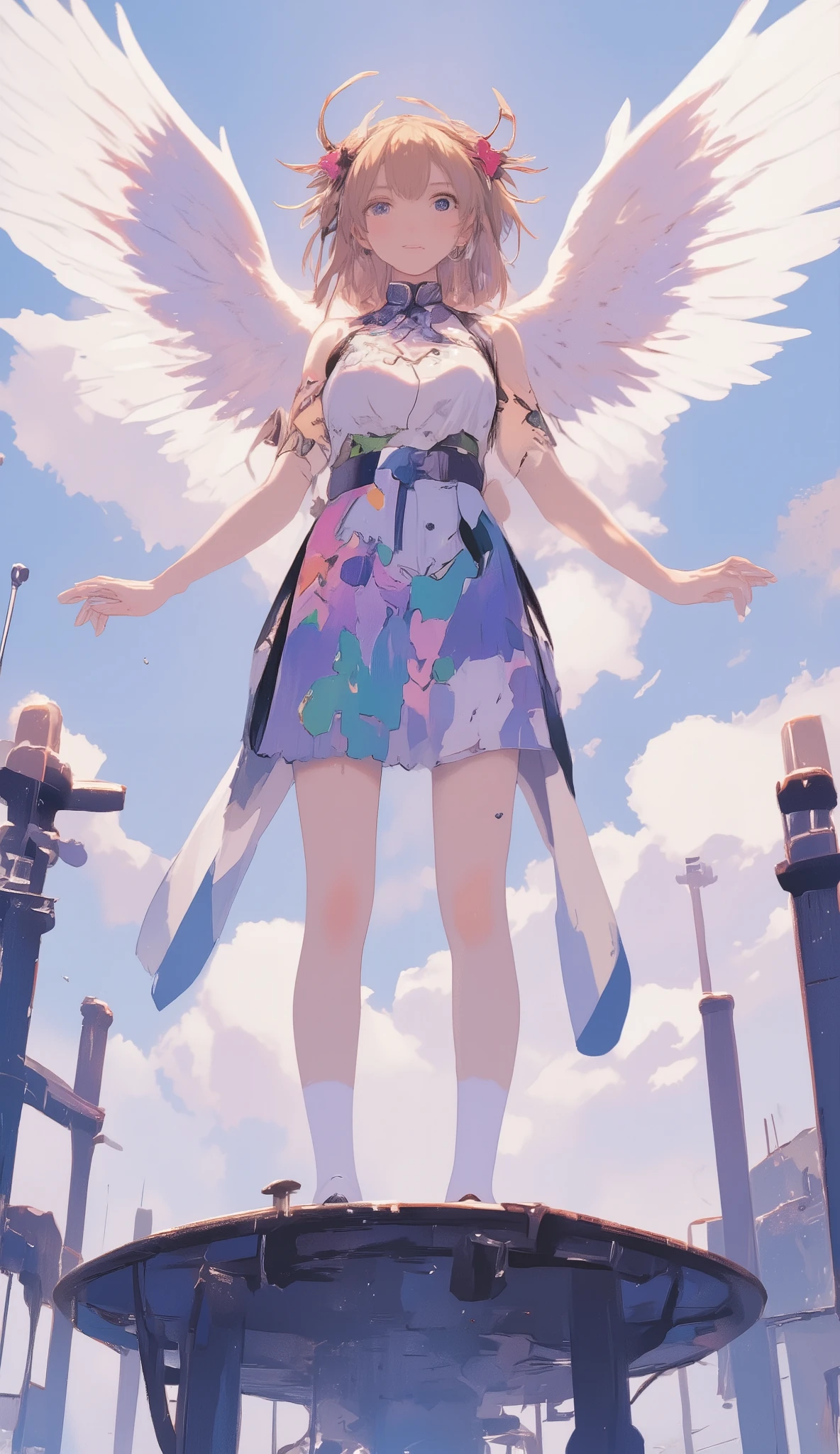 there is a woman standing on a platform with wings on her head, artwork in the style of Gwyds, gorgeous Chinese clothes, Gwyds, girl with angel wings wearing it on her head, by Yuumei, with wings, of an beautiful gorgeous Chinese clothes, Beautiful Wings, beautiful amazing digital art {x} rossvivid pastel colors, digital art by Pixiv , BEAUTIFUL ANIMATED ILLUSTRATION