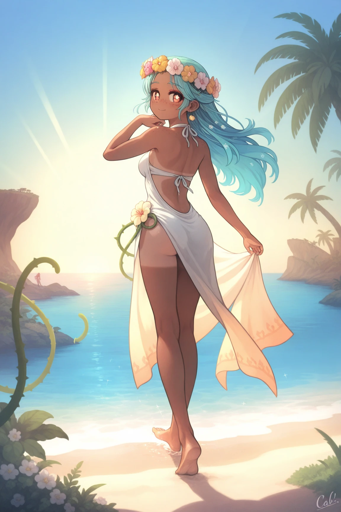 1girl, breasts, solo, dark skin, dark-skinned female, jewelry, long hair, elf, pointy ears, navel, outdoors, large breasts, armpits, tree, smile, flower, tattoo, swimsuit, bikini, looking at viewer, day, dark elf, armlet, necklace, hair ornament, arms up, palm tree, hair between eyes, orange eyes, earrings, white hair, sky, hair flower, cowboy shot, very long hair, bangs, parted lips, stomach, blue sky, arms behind head, choker, cleavage, cloud, yellow bikini, sidelocks, ocean, yellow flower, orange bikini, flower necklace, bikini bottom only, mismatched bikini, water, collarbone, topless
