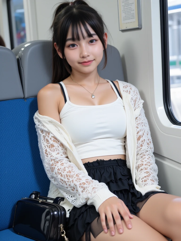 (((Leg spread)))、I'm on both knees、Kneel、The stock is publicly traded、M-shaped Regini Skirt、belly button、A thin pink mini skirt that shows off her panties、Vulgarity、Obscene、Ecstasy、(masterpiece、Highest quality:1.2)、8k、A 17-year-old student sits alone on a park bench.、85mm、Official Art、RAW Photos、Confused、(((Thin, Snug-fitting white tank top)))、Upper body portrait from the knees up、violet、Gardenia、beautiful girl、、Ultra-thin waist、Thighs, Thighs, Thighs, Thighs、Short sleeve、Inside the train、sit on bench seat、Audience'Perspective、funny Face、Heavy makeup、Heavy makeup、(smile:0.4)、Film Grain、chromatic aberration、Sharp focus、Detailed face、Background blur、Whole Body Ezbian、(((Raise your arms above your head)))、Beautiful armpits