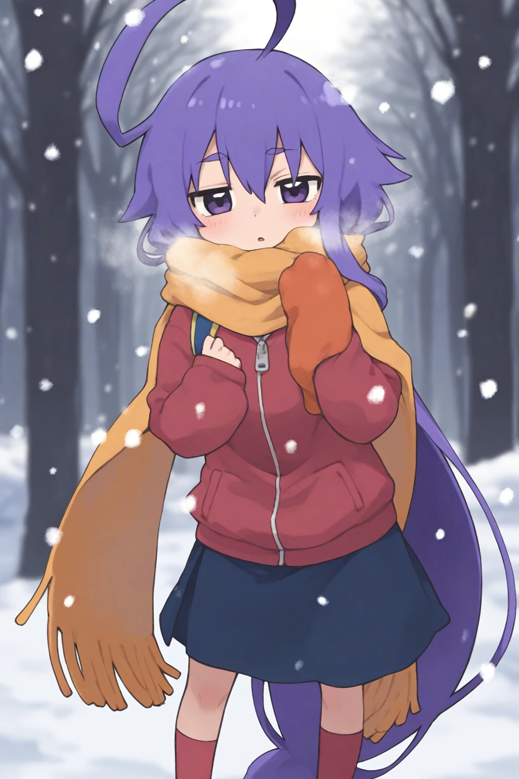fukaderika, long hair, purple eyes, blue hair, blunt bangs, , empty eyes , large breasts, nipple, Running, , Heavy snowfall area, frozen, (Sweating profusely, Love juice, Wet Woman, female ejaculation) crying ,Naked ice girl, alone, Smile, Naked, Drooling, solo, , Peeing, lactation, projectile lactation
