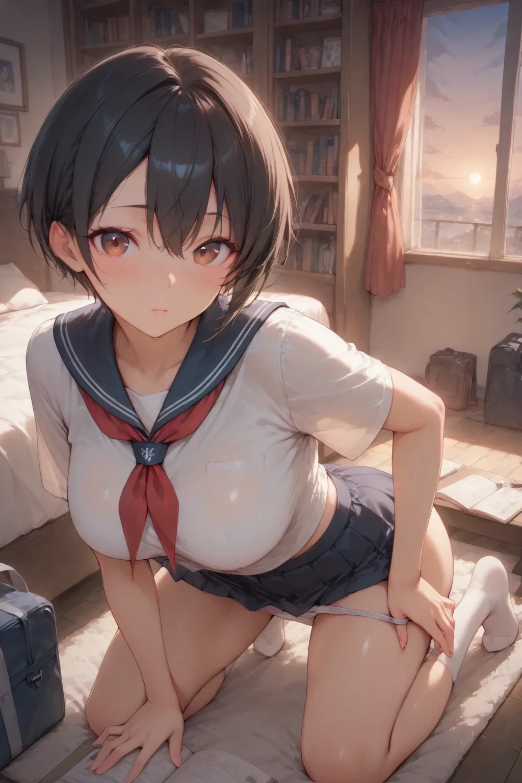 masterpiece, best quality, ((beautiful detailed eyes):1.3), (((16years old))), blue eyes, black hair, short hair, blue hair ribbon, blue headband,large boob, ((cleavage)), ((extremely delicate and beautiful fabric):1.3), looking at viewer, (seductive orgasm smile), blush, slender, slim, very clear, ((masterpiece, best quality, ultra-detailed):1.5), ((an extremely delicate and beautiful)), ((((illustration)))), (realistic:0.6), (extremely detailed skin), ((ultra-detailed:1.35)), (detailed pussy:1.2), (detailed nipples:1.2), detailed fingers, absurdres, intricate, (1girl), ((solo)), ((glistening skin)), (((oily skin))), ((wet skin)),(((cute face))),(perfect nipples),(on back with Knees Up , spread legs:1.5),spread legs,slender、(sailor uniform:1.5)、(((class room)))、(on back on desk:1.5).(((white frilled panties)))、