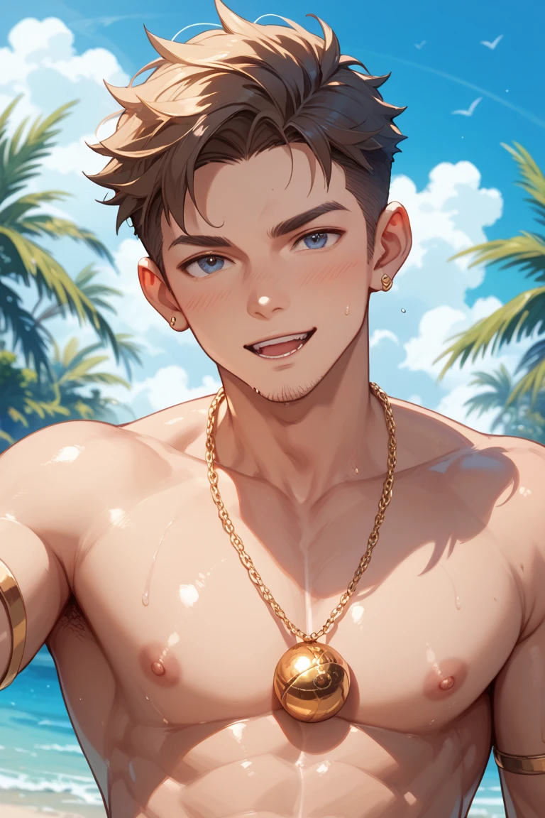 score_9, score_8, score_7, 8K,masterpiece, detailed, source_anime, (hyperdetailed face),(Ultra-detailed eyes)、 {{masterpiece, Best Quality, Highly detailed}}、(Detailed: 1.2), (Very detailed and beautiful: 1.1)、solo male, mature male, muscular, dark skin, blond hair, manly, gaudy, soft smile, pierced earrings, crew cut hair, tongue piercing, Yankee, beach, sexy men's swimwear