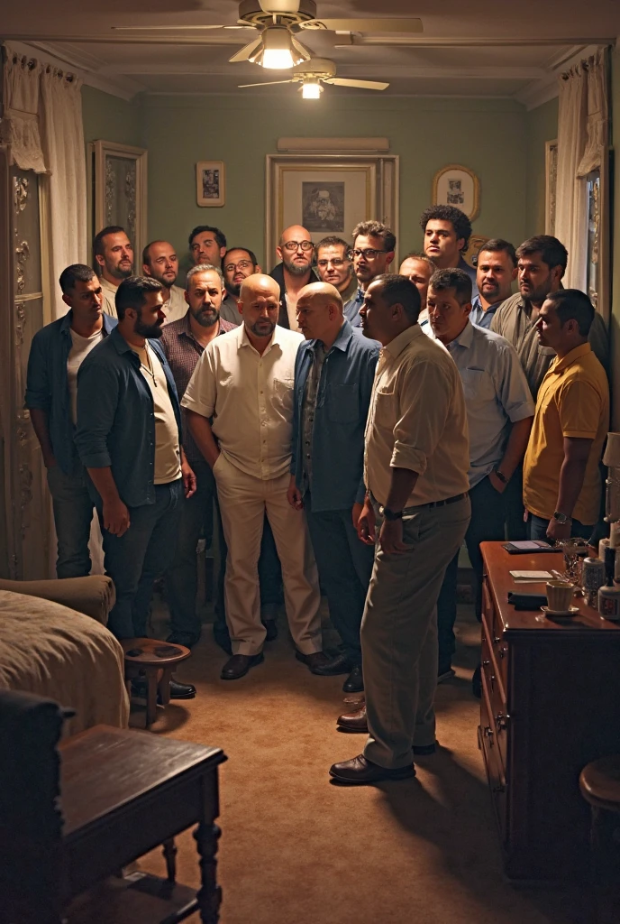 Shirt reporter, pants and sneakers leaning against the door outside an old house next to a dog, looking at strong, bearded, mixed-race Brazilian men taking a shower in their underwear inside.