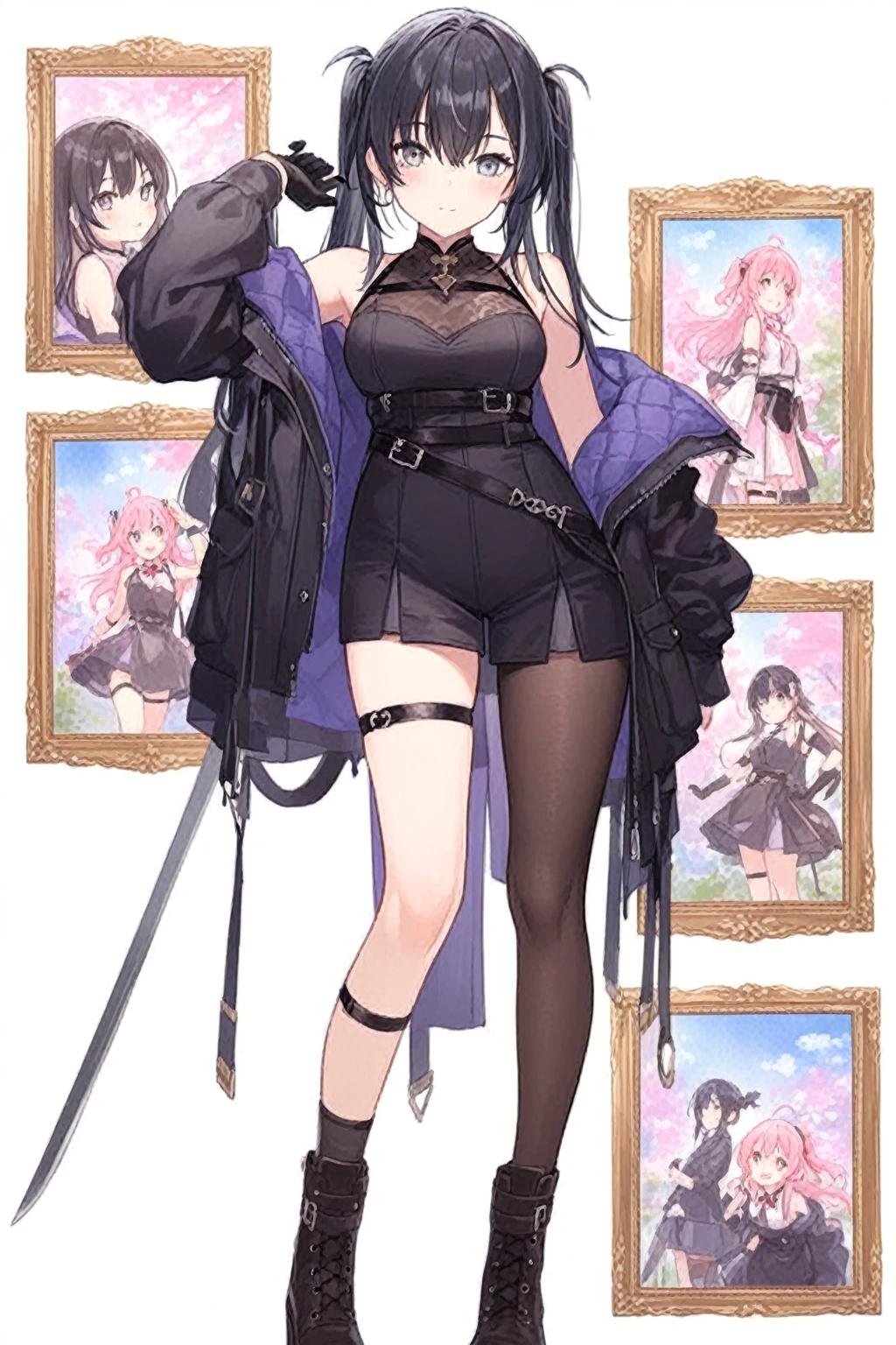 ,((upright)), ((arm at side)), looking at the viewer, simple background、white background, 1 girl, open your mouth, smile, Virtual YouTuber、with a girl、((highest quality, expensive_solve, clear_image)),(black hair), (black cat ears), (Ahoge), (ridiculously short hair), (wavy hair), (blue eyes),、laughter、very big breasts、whole body、Draw to the toes、I put boots on my feet、cleavage visible、dressed in military uniform、Reference sheet、((show viewer))。