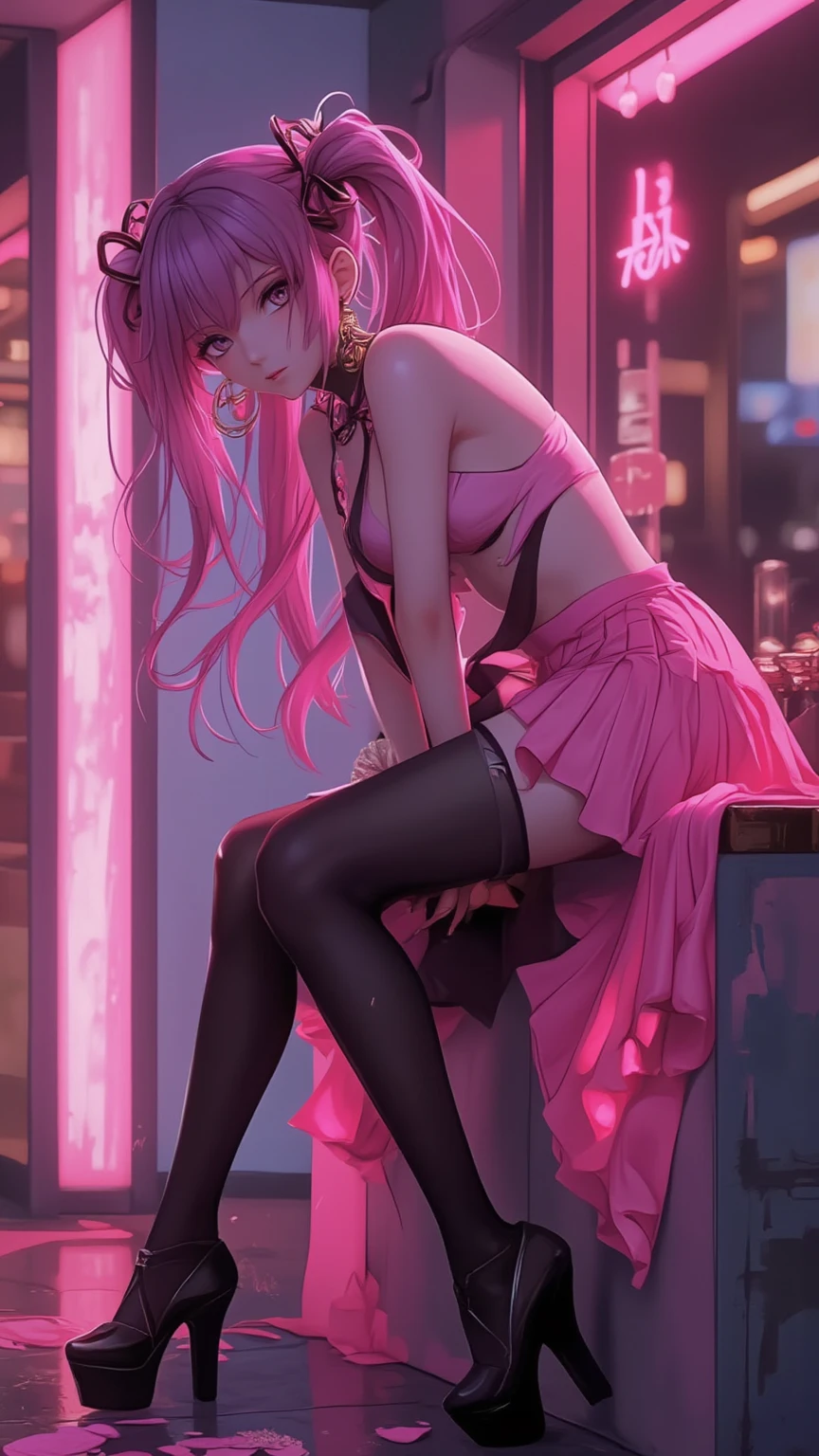 Anime Kawaii sexy Perfect Slim sensual body large breast and huge thighs, An intricate and highly detailed illustration of anime (Young girl) 一个女人sitting on a stool露出她臭脚的low angle，sitting on a stool，low angle，正面，bare feet，focus on feet，Pink off-shoulder t-shirt，There are bangs between the eyes，long hair，chestnut hair，shorts jeans，anatomically correcte, There is a huge yellow five-pointed star clip in her hair，pink eyes，eyes for details，pretentious smile，look at the audience，point-blank，wide angle lens，perspective drawing, two feet，simetria bilateral