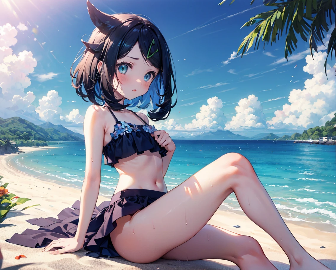 Short black hair Adult female Dog Ears Dark blue colored eyes Flat chest Wearing a tiny bikini Location: Sea smile