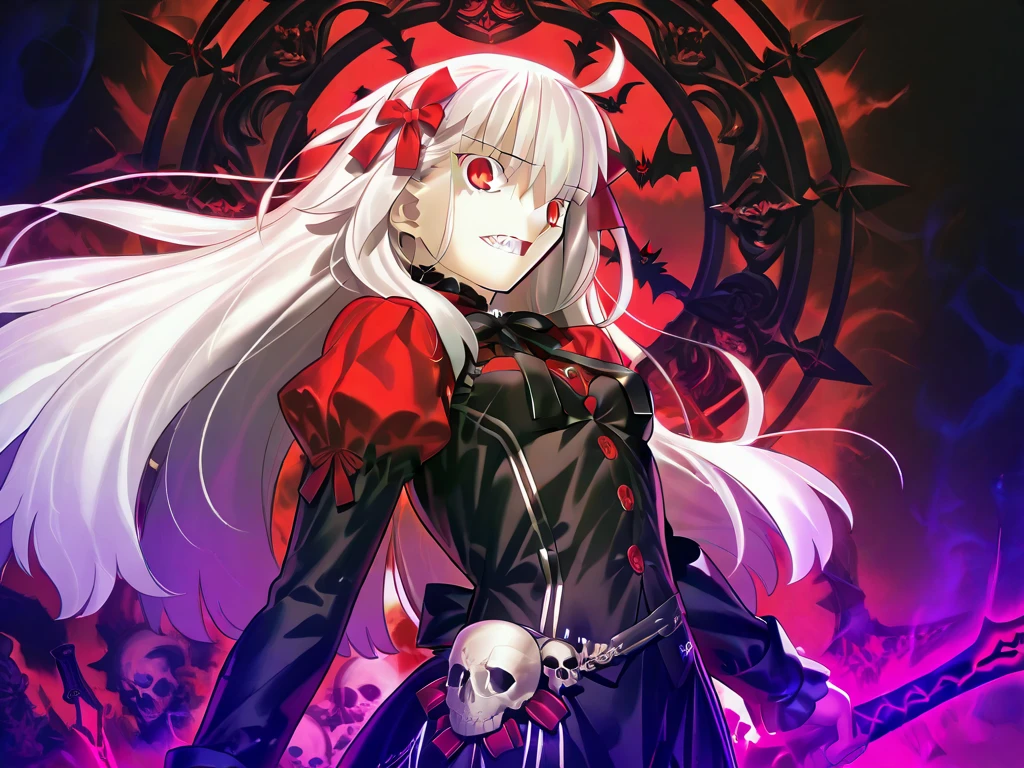masterpiece, best quality, a beautiful and detailed portrait of Celestia Ludenburg, has white hair in two large twin-drill pigtails, red eyes, black horns, standing, clothed,(smile),outside,dead trees, dark clouds,official artstyle with official art,hellish and red background, red sky,overcast,posing