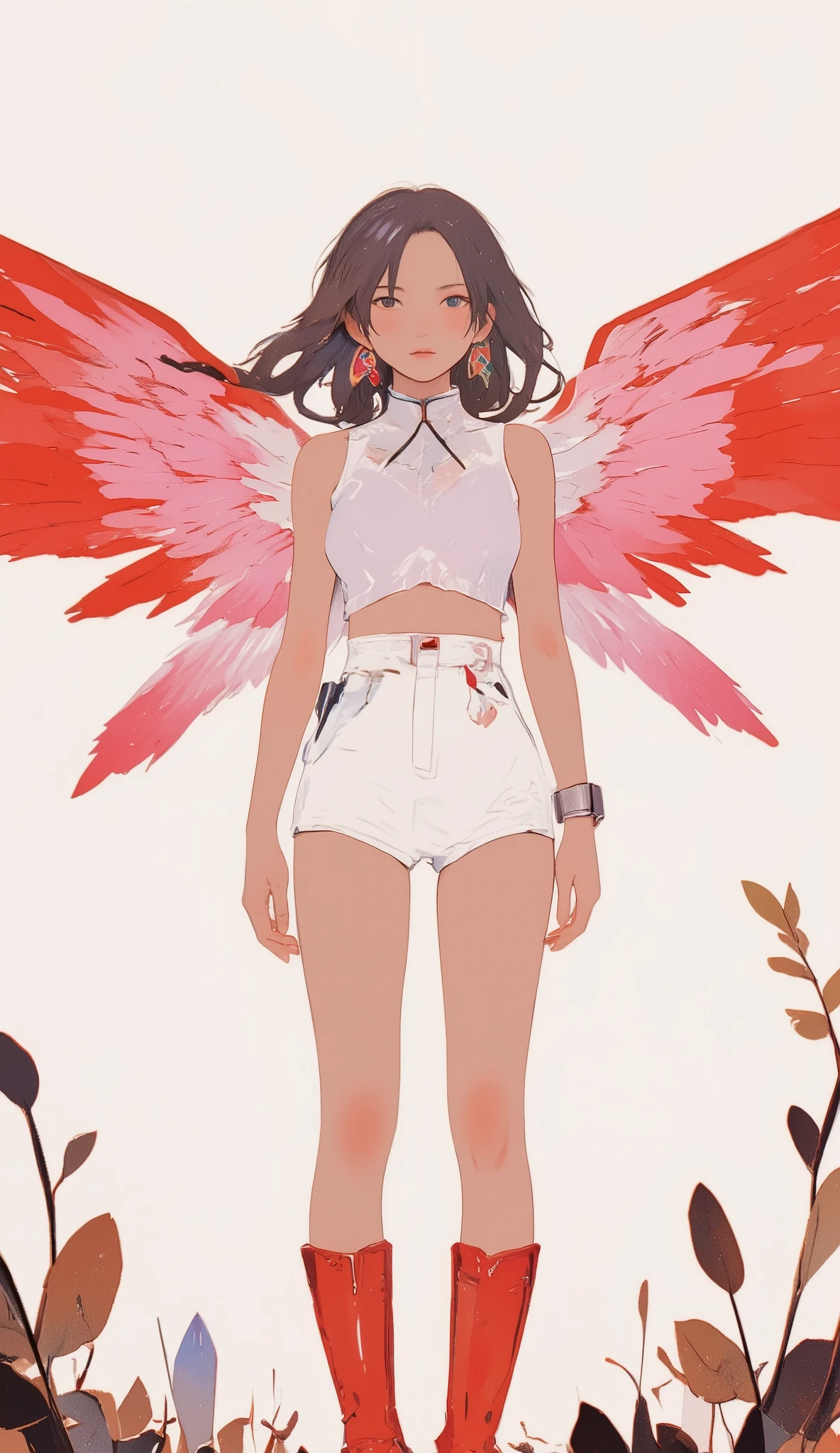 A captivating digital illustration depicts a、, Sideways dark hair. She is big, Dramatic wings displaying a bright red palette, Pink, And white, Implies a sense of movement and freedom. Her outfit is modern and minimal, consists of a white top and matching shorts. long young woman。The outfit is enhanced by high red boots and wrist accessories。, probably a smartwatch, add a modern touch. Her earrings reflect the color and shape of her wings, Coherent harmony It creates a beautiful look. crystal-like moss and vines, neutral color , so、The bright colors of her wings and clothes stand out. The composition uses flat colors and clean lines while maintaining a graceful and artistic vibe、emphasizes the subject's grace and elegance.