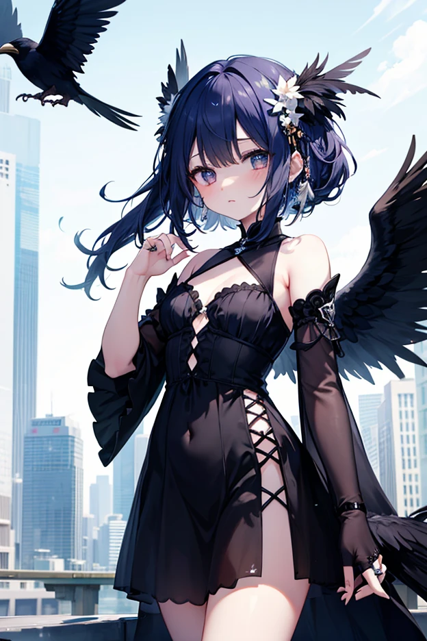 Giant Girl 50,000 feet high，Weight 1000 kg，Have a pair of long legs，Like a demon queen who is pregnant for ten months，Smirking and rubbing her belly，A pair of black wings，Wearing a crown symbolizing the devil，Wearing black earrings，She has long black hair.，Loose hair，Black long wavy hair，Wearing a pair of black boots，Black lace sleeves，Wearing black lace pantyhose，Bow and star embellished tights，黑色蕾丝whole body，Beautiful appearance，Exquisite makeup，quality，8k，高quality，Perfect proportion, Cinema Lighting，Film Grain，Fuji Color，8k，Textured Skin，Super Detail，High Detail，high resolution，charming，Stand in the city，Trampling destroys the city，Blood，脚底有Blood，whole body，fat，The king&#39;s appearance