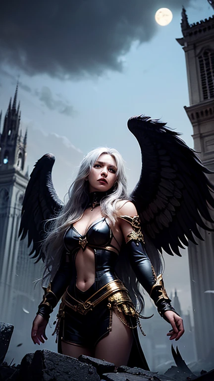 1 Woman, goddless, white hair, purple Eyes, Black Feathered Wings, Black Dress, Horror, Darkness, Dark Setting, Looking At Camera, Best Quality, Accurate, 4K,