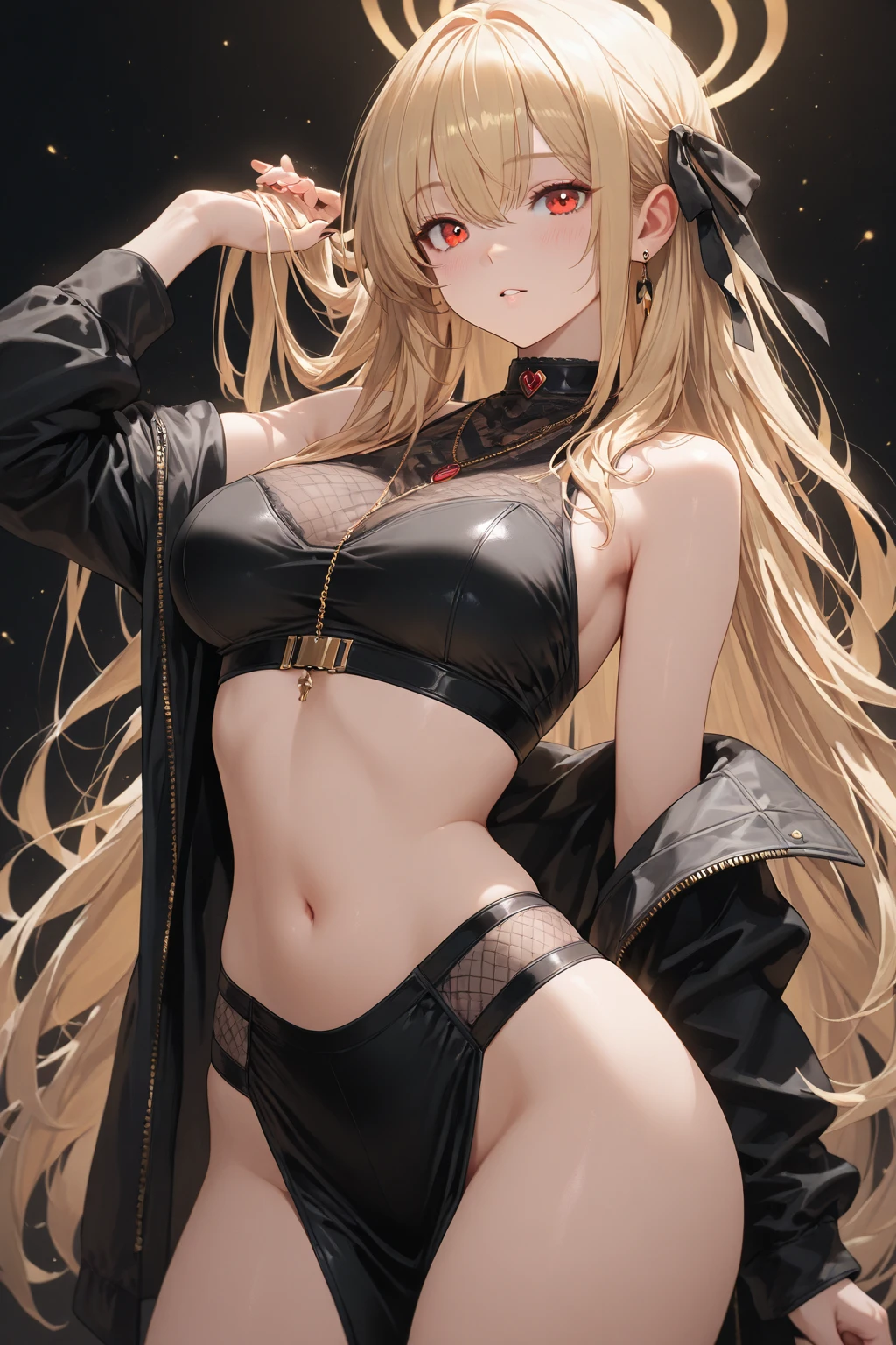 ((seductive))((majestic, Magnificent)) ((beautiful face woman)) ((Big blue eyes)), ((dark eyeshadows make up)) ((red lips)), ((cute smile)) ((very long straight blonde hair pony tal with bangs))((big breast:1.6)) ((slender body:1.3)) ((wear black bikini)) ((jewerly, earrings)) ((taking a selfie in front mirror)), ((high definition:1.5), ((masterpiece:1.5))((8k:1.5)) ((Best quality:1.4)), more_details:-1, more_details:0, more_details:0.5, more_details:1, more_details:1.5, more prism, vibrant color