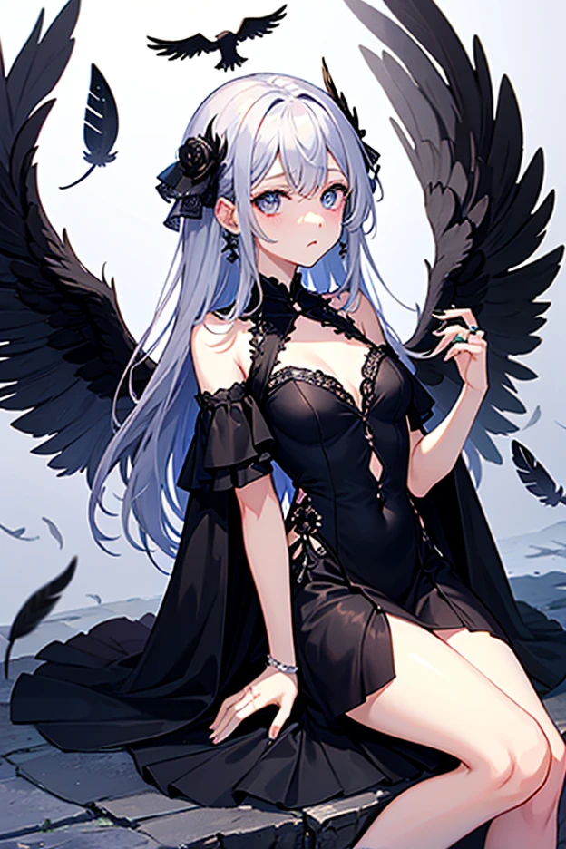 (masterpiece), (best quality), omnipotence, full moon, (black leg decoration), 1girl, (crow), white chain, ruins, 1gir, flower, flower, flower, floud_moon, (crow)), chain, ruins, 1gir, in flower, black_bikini, 1 girl in lace, belly button,
