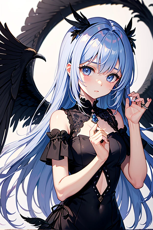 1 bird woman. Blue, black, and white feathers on her wings. Charismatic. Playing piano. Little Top-hat. Chest ribbon. Confident. Blue, black, and white hair. Smiling. Happy. black gloves with fuzzy cuffs.