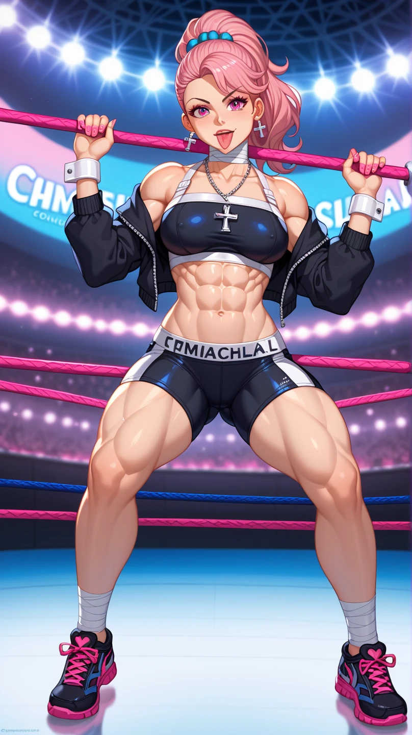 1 girl , solo , night time, realistic background, arena, nightclub, venue, Female wrestler, shiny ring gear, shorts, top, black and gold outfit, fit body, exposed midrift, muscular body,sweaty, glistening, knee pads, elbow pads , wrestling boots , champion belt, strong pose, flexing muscles,weight lifter, muscular, muscle mommy, insane muscles, huge muscles, biceps, deltoids, triceps, quads, thicc, shiny skin, wet skin, tanned body, hulk body, steroids, body builder, bakki , grappler bakki, bakki hanma, jojos bizare adventure, hokuto no ken, wwe, wcw, aew, njpw, roh, pro wrestling, noah, pro wrestler, street fighter, tekken,