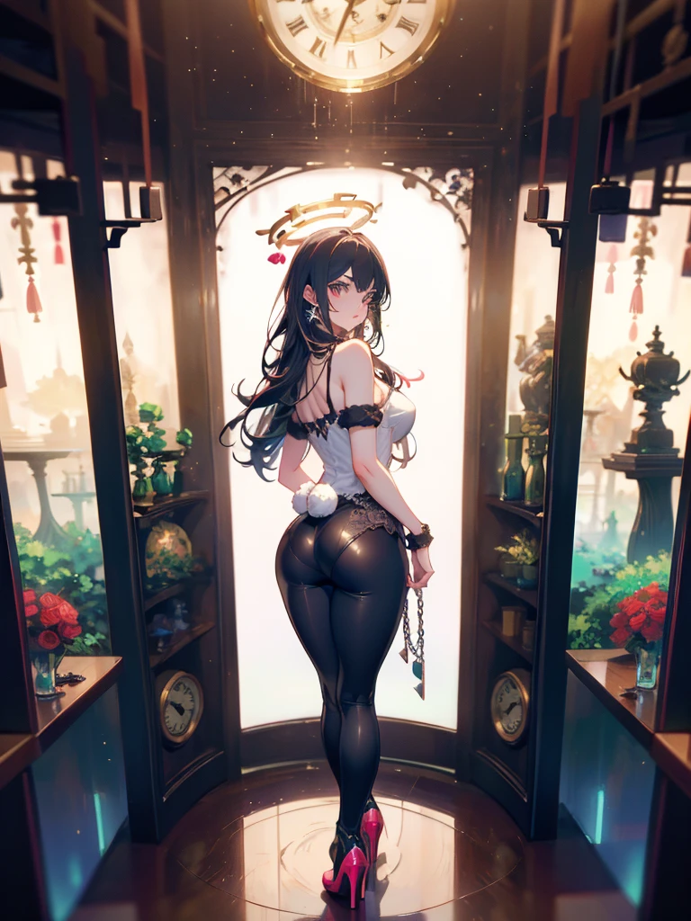 (((8K masterpiece, Highest quality)), Ultra-high resolution, (masterpiece: 1.4), hyper detail, break (1 girl), Beautiful Face, (Green Eyes), (Sleepy eyes:1.35), Beautiful and delicate eyes, (Thick eyeliner:1.3), Beautiful and delicate eyes, (Thin and long eyelashes:1.3), artistic makeup, break (Black Hair), (バンズパツン), (Long twin tails) break (Wicked Smile:1.2), (shy) break (Slender body), (Long legs), (Big Ass:1.2) break (High-class bunny girl costume:1.3), (Rabbit ear headband), (Rose ornament), (Gold Necklace), (Black high heels), break (Lean back:1.3), (Hands on hips:1.2), (Are standing:1.3), break (Hotel Rooms:1.3), (Elegant space:1.2), break (Fantastical light particles:1.2), (night:1.2), 壊す depth of written boundary, Amazing panoramic views, (レンズフレア), (ビネットライト:1.2), Extreme close up, Shooting from below, Focus on the butt, Big Breasts, Surrealism, cinematic lighting, UHD, high details, best quality, highres, 8k