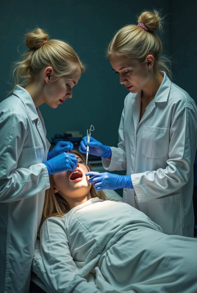The same blonde girl with bangs, equipped with white latex gloves, a blood-stained black surgical mask and a white apron, decides to use the scalpel. With a sadistic expression, He takes a pair of tweezers and pulls out the victim's tongue., that is tied to the table. With cold precision, begins to cut the tongue with the scalpel, while the victim struggles and shows absolute terror. The operating room, poorly lit and sterile, intensifies the disturbing and tense atmosphere.