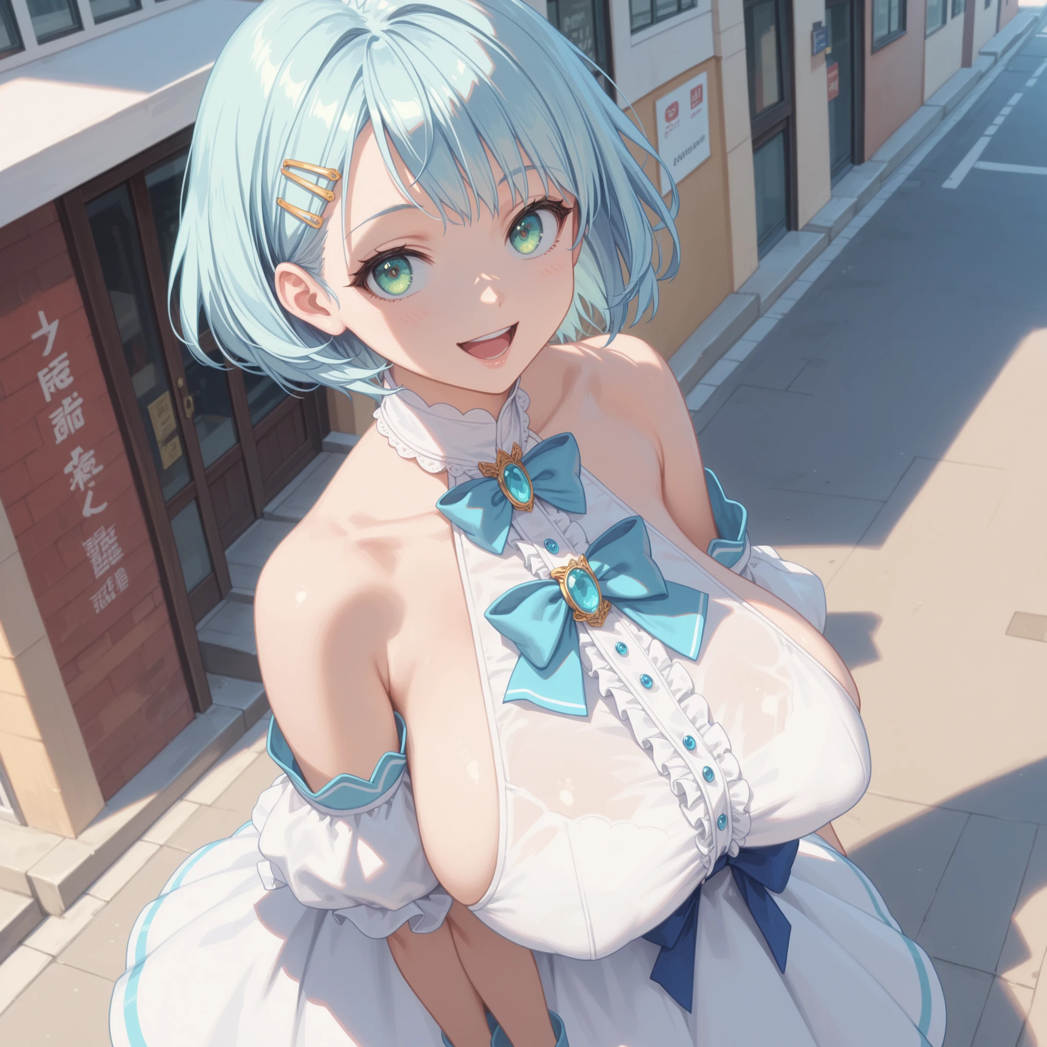 (((Highest quality、8K、masterpiece:1.5)))、(Slanted Eyes、blue eyes、Light blue hair、Twin tails、bangs、Big Breasts、Light Blue Magical Girl、13 years old))、((Perfect Anatomy))、whole body、grassland