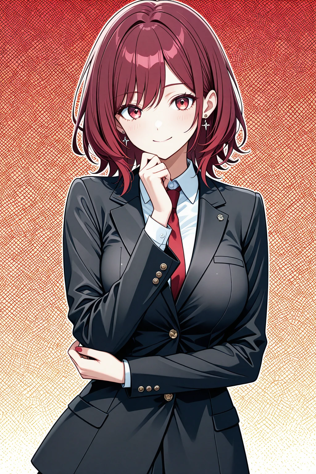 masterpiece, highest quality, ultra detailed, high quality anime, pretty young woman, pink hair, short and messy hair, bangs, big smile, slim body, large breasts, white button up shirt, red tie, grey suit jacket overtop, short black skirt, university background