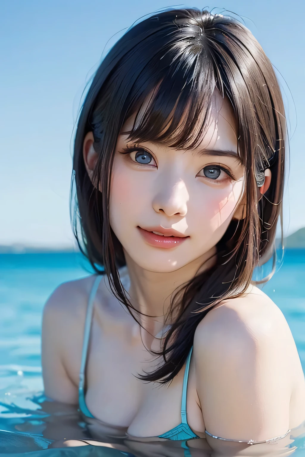 masutepiece, Best Quality, Illustration, Ultra-detailed, finely detail, hight resolution, 8K Wallpaper, Perfect dynamic composition, Beautiful detailed eyes, Swimsuit, Random and cute hairstyles, medium breasts, Natural Color Lip,Beach, Random and cute poses,