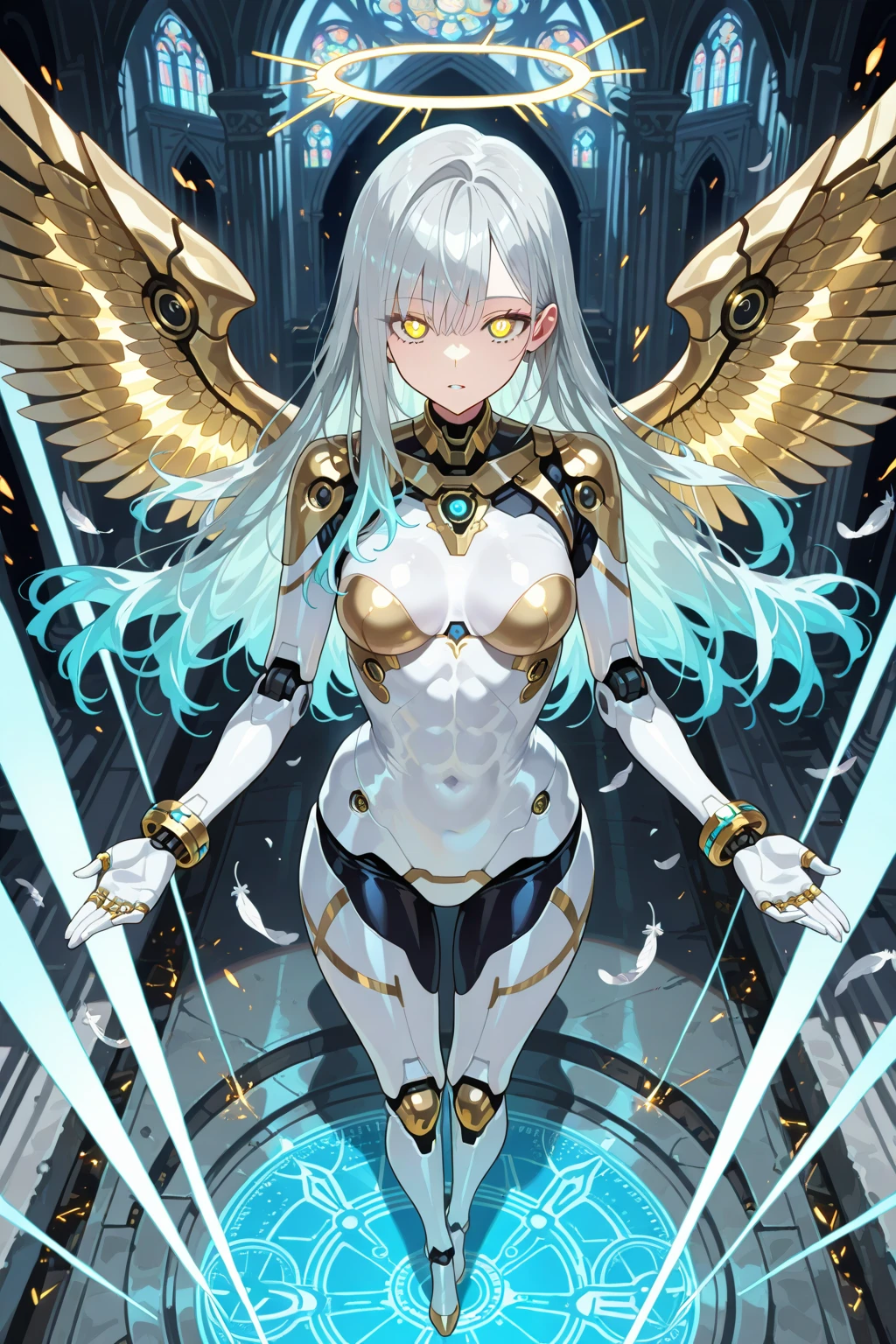 (masterpiece:1.5), (ultra-detailed), (High resolution), (best quality), (dynamic angle), (cowboy shot), (depth of field),
(android girl),no human, fine detailed face,silver hair, (extreme long hair), floating hair, bangs, serious face, (gold eyes), (mechanical detailed iris in eyes), (holographic detailed pupils), headset, (robot joint:1.2), (robot hip-joint), (gloss white bodysuits:1.4), (silver and gold trim), frontlight, backlight, (medium bast),slender,
(spread arms), (science fiction), (glowing mechanics wings:1.5), (three pairs of wings:1.4), (space battle), (star-dust), shooting-star,