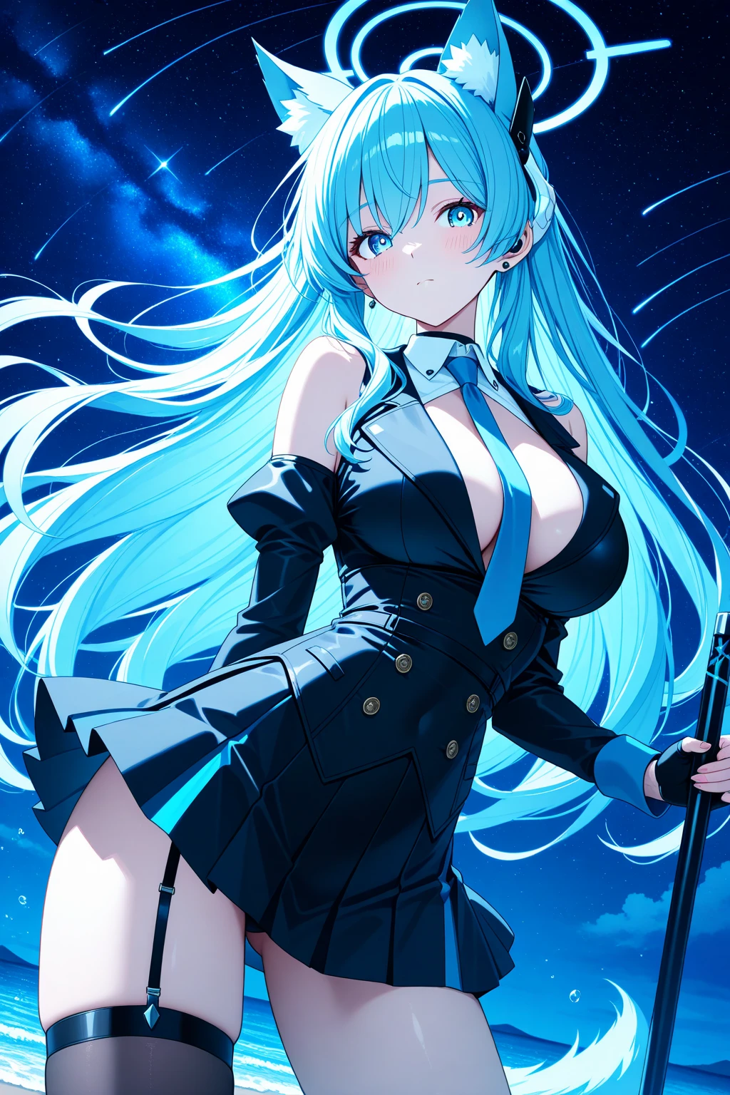 Long Hair, Twintail, Light Blue Hair, Yellow Eyes, Cat Ears, Cat Tail, Big Boobs, Wearing Hoodie, Long Stocking, Nighttime, Wearing Black Gloves, Inside a house, Stick out the tongue