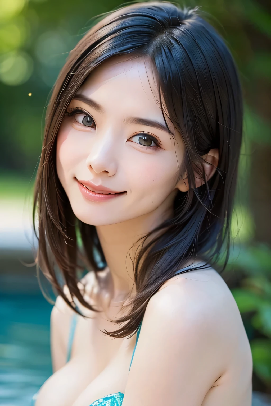 ((nsfw、top quality、best image quality、just one beautiful and cute woman、 A beautiful woman with a very cute golden ratio who boasts overwhelming beauty、The beauty of symmetry、realistically depicts everything in high resolution high definition、God of rich nature、Beautiful and cute face、 Eyes drawn in high resolution 、lashes drawn in high definition、Beautiful and cute symmetrical faces, A long, beautiful neck、bangs:1.6、Beautiful Décolleté、gloss、perfect anatomy、cute smile、Teen))、({gigantic|big|huge|mega} breasts, cleavage)、ideal ratio、Golden Ratio drawn in high resolution、Perfect Anatomy、 Transparency、sparkling、Off Shoulder、((beautiful teeth、expressive、Love projected on camera、I'm a little shy、, beautiful landscape with only rich nature and bright green in the background、moist blue background of water、beautiful blue sky))