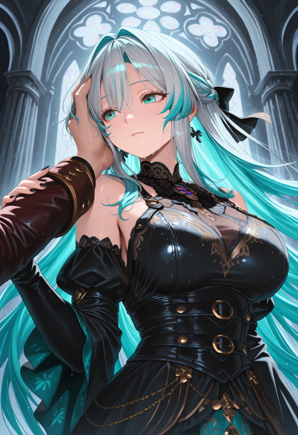 [Black:Blue:0.65] motif，Masterpieces，A masterpiece of a mature woman，Detailed visual art，Blue eyes，Makeup，Gothic，Silver hair，Elf ears，hair，clavicle，Royal Queen，Elegance，Gorgeous quinceanera dress，Detailed layered skirt，[Detailed frills:0.1], [Frilled dress:0.1], embroidery, [Detail princess dress:0.1], Bare shoulders, Big tits:1.3, Open crotch, Thigh seams, groin, Long boots，[NSFW|uncensored], (Simple background:1.1) , Low wing,corps entier
