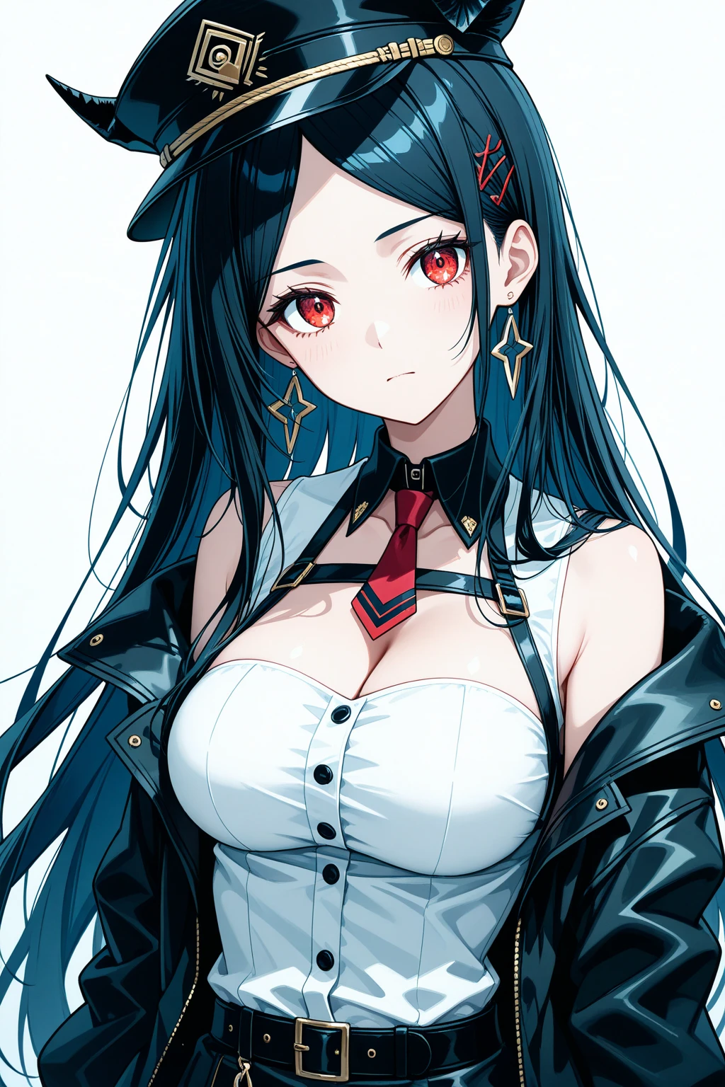 best quality, masterpiece, highres, solo, {blaze_arknights:1.15}, long_hair, black_hair, cat_ears, animal_ears, blue_eyes, hairband, bangs, red_hairband, breasts, smile, upper_body, hair_between_eyes, very_long_hair, 1girl, ahoge, headphones, headset, looking_at_viewer, official_alternate_costume, bare_shoulders, black_choker, choker, camisole, cleavage, red_hair, :d, large_breasts, messy_hair, multicolored_hair, open_mouth, streaked_hair