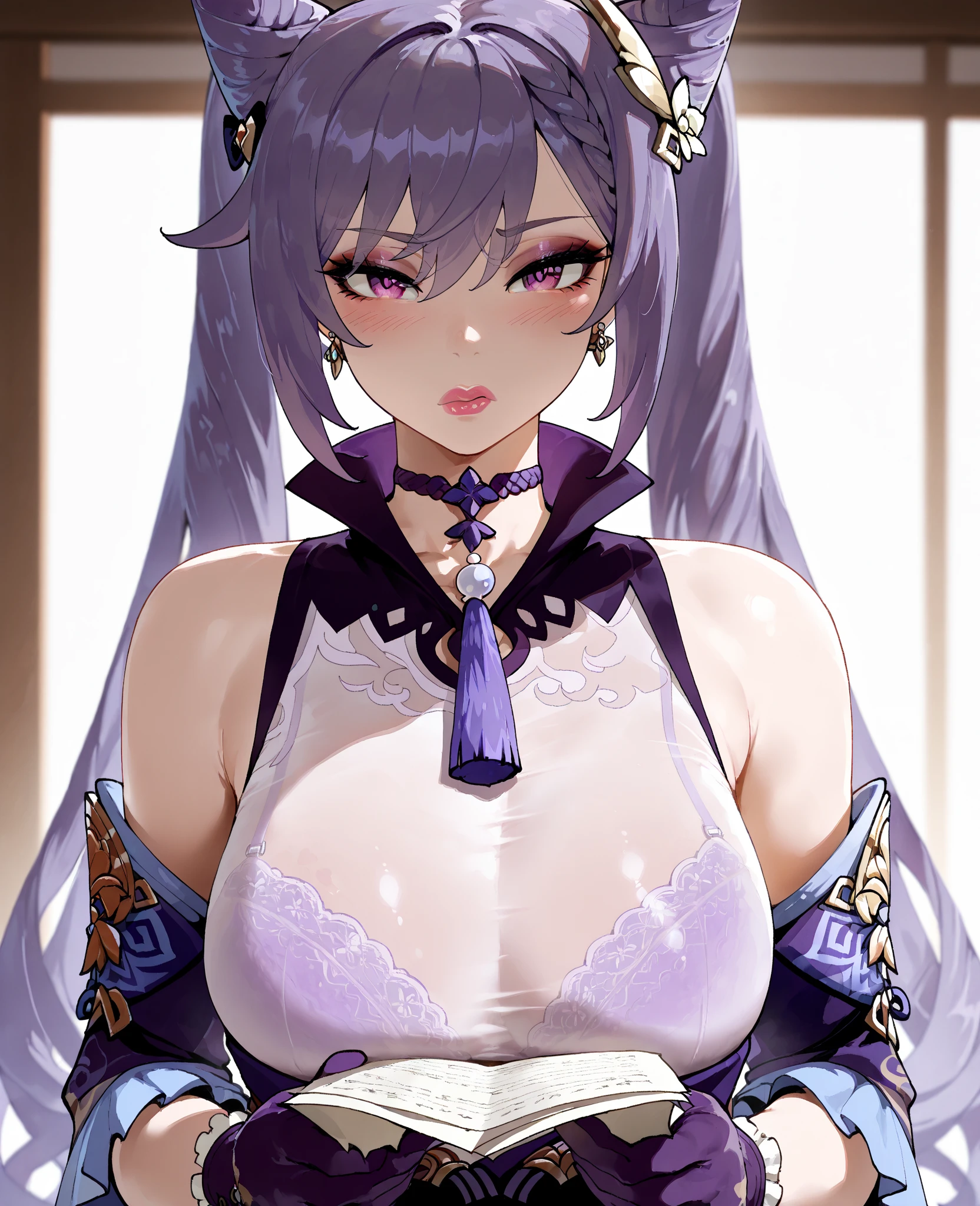 cutesexyrobutts style, 1girl, raiden_shogun, solo, purple_hair, glowing_eyes, japanese_clothes, purple_eyes, hair_ornament, bangs, long_hair, glowing, breasts, flower, looking_at_viewer, parted_lips, kimono, sash, mole, mole_under_eye, large_breasts, hair_flower, ribbon, cleavage, obi, braid