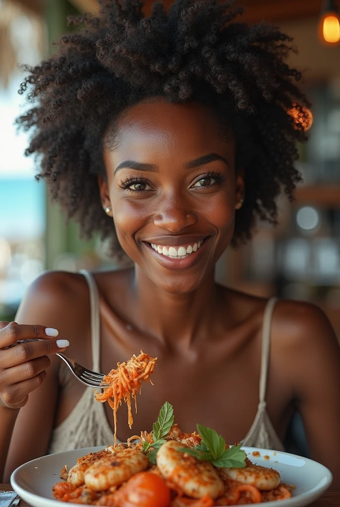  there is a black woman , the woman has, she has dark skin, with dark brownish skin, with long curly, long black loose moisturised curly hair she is taking a selfie with a Chipotle bowl in front of her