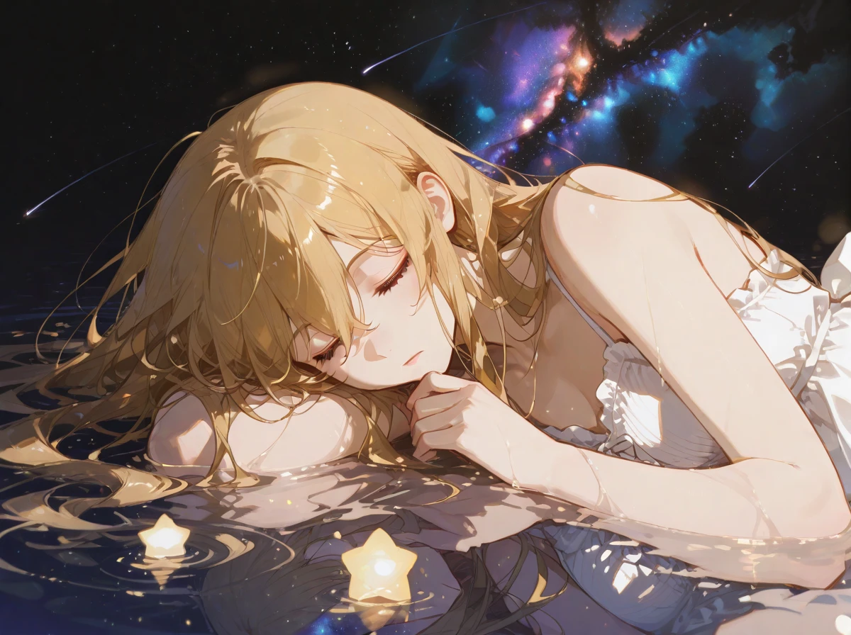 Illustrated scene with cute girl character lying on grassy water, Look up at the starry sky. Surround her with colorful nebulae and her favorite constellations.