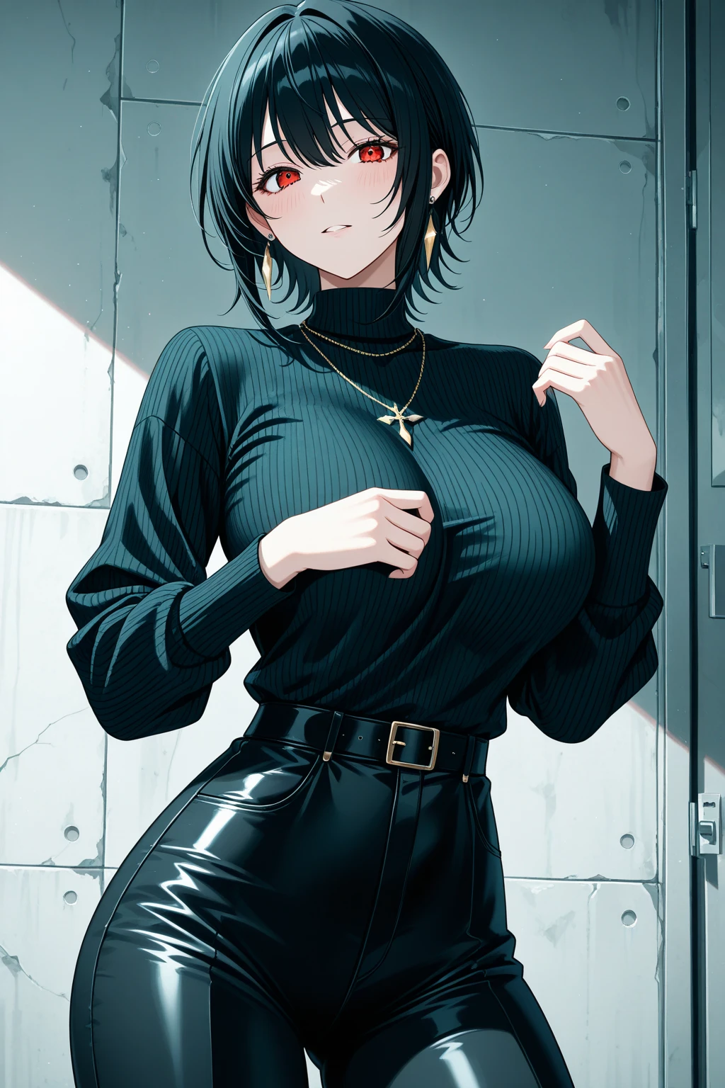 Shizuku Murasaki, 1girl, black hair, short hair, glasses, large breast, underboob, torn clothes, ((tight black long sleeve turtleneck shirt, )), upper body, looking at view, from view, (masterpiece, high resolution, best quality, anime screencap, anime colored, 8k, photorealistic), denim, inverted cross chain necklace