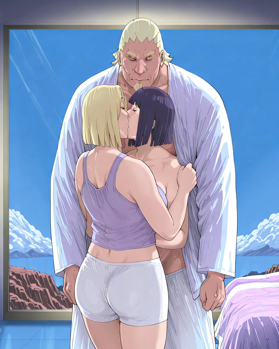 BREAK, source_anime,
upper body, 1 young girl, senju tsunade, anime_source, long hair, younger girl, child, blonde hair, brown eyes, parted bangs, ponytail, shiny hair, smaller girl, naked, konohagakure protector, beautiful legs, beautiful body, naked, konohagakure background, smile, BREAK 1boy, white skin, netorare, taking a selfie, hug, taller male, bigger male, adult male, bald male, bald boy. window, night time, 