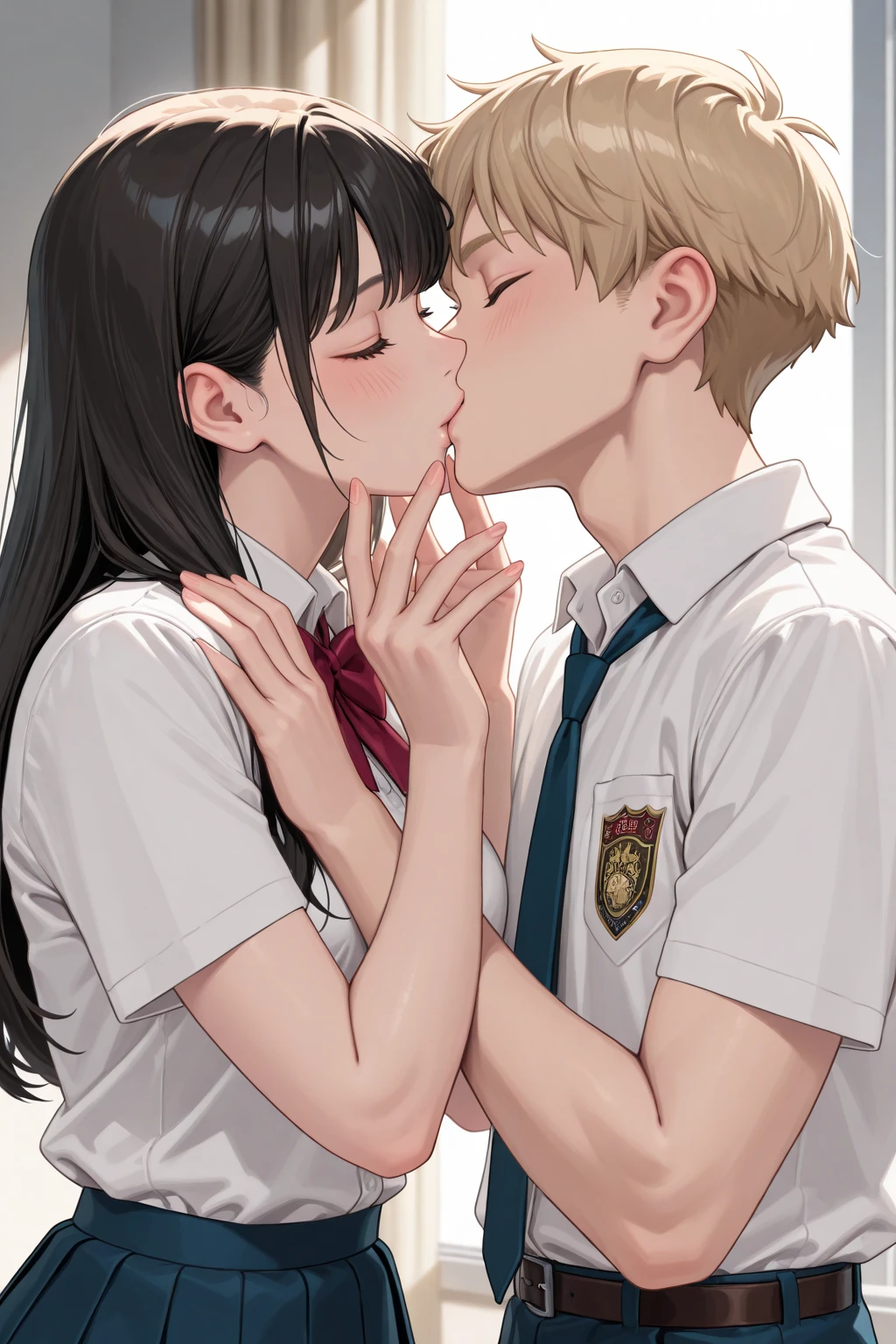 Concept art, love themes, illustrations, 1girl, hetero, 1boy, kiss, closed eyes, shirt, brown hair, blush, necktie, couple, blurry, long sleeves, upper body, white shirt, medium hair, black hair, blurry background, indoors, long hair, black necktie, couch, collared shirt, short hair, grey shirt<lora:dibian2:0.8>,