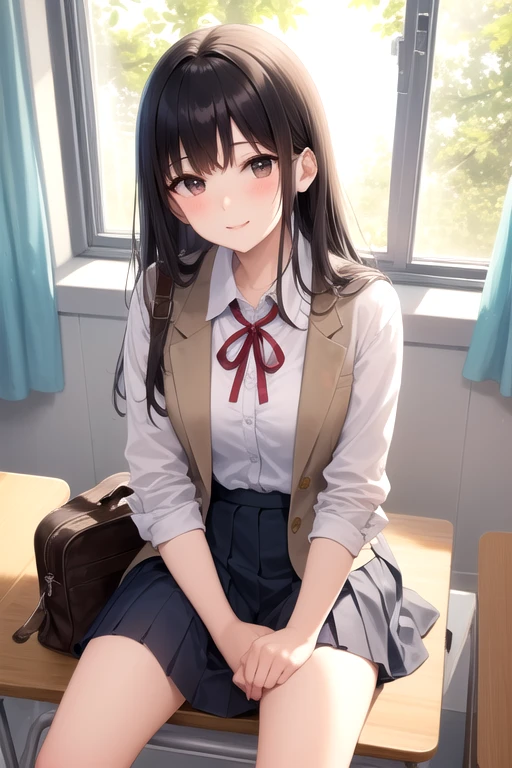 absurderes:1.8, ((beautiful clear eyes, sitting, spread legs)), ((school uniform, blazer, short skirt、showing panties, panties emphasis:1.6, blunt bangs, panties:1.4, classroom))、(1woman), Unity 8K Wallpaper, Masterpiece, detailed hair, highly detailed, , (light smile:1.4), (blush:1.3)