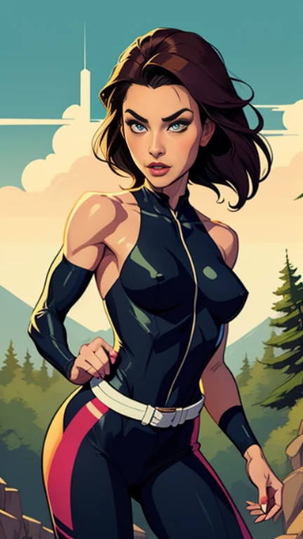 Personagem mulher PinUp dos anos 30 com marcas de guerras Imagem de desenho animado de uma mulher .cartoon style illustration, estilo de arte dos desenhos animados, estilo de arte dos desenhos animados, digital illustration style, design de personagens altamente detalhado, arte digital detalhada coragem, Forest fan art, Design de personagens de retrato, beautiful digital illustration, retrato de alta qualidade, Arte em quadrinhos, mulher jovem cabelo com transas lindas . Beautiful lined eyes Medium large bust and wonderful sexy clothes. image expression of sexual desire from the waist to the illustration Jennifer Connelly Fallout 23 uniform