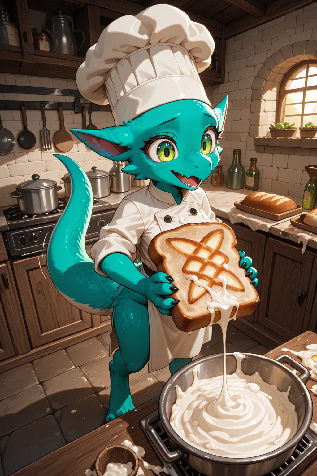 A (full body) photograph of a ((Salazzle)) ((cooking breakfast on an oven)). She is nude and flat-chested. She has a (long, thick tail). She has textured gray skin with purple and pink accents. Her skin has a moist sheen like a salamander's. She has ((realistic reptilian eyes)) with light purple sclera, and is looking back with a sly smile. She clearly enjoys teasing the viewer. (She is very short:1.5). butt, rear view, kitchen, morning, ((real)), ((irl)), pokemon, scalie, casual nudity, masterpiece, best quality, realistic lighting, detailed