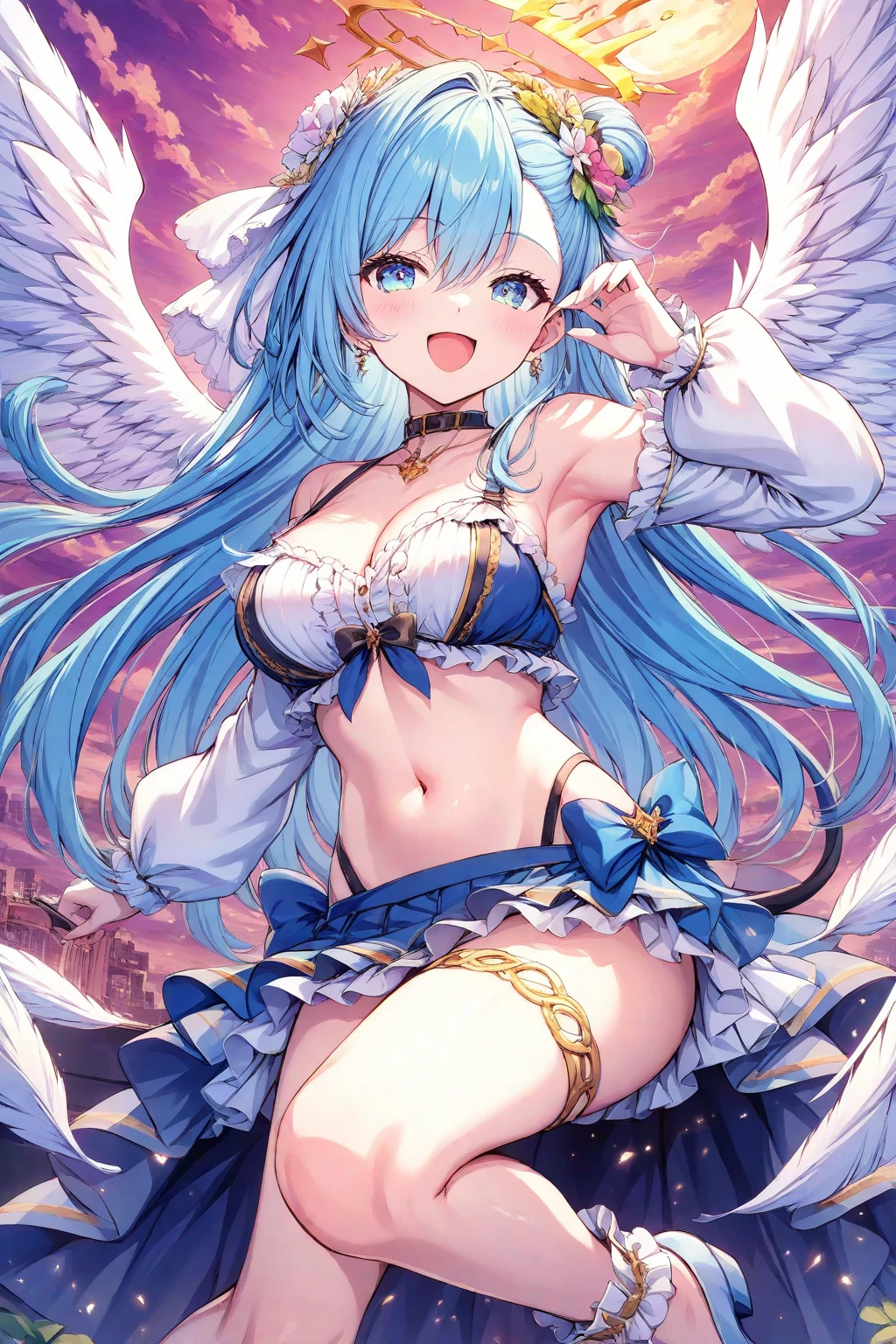 giant girl 50,000 feet high,Weight 1000kg,Has a pair of long legs,Open your eyes wide,Has a pair of huge white angel wings,With huge devil horns on his head,crown on head,Elf wearing white earrings,She has long white hair that reaches her feet,loose hair,White wavy long curly hair,Bangs,Wearing a pair of white boots,White lace gloves,White lace pantyhose,Pantyhose with bow and star decorations,白色蕾丝whole body,sitting on a tall building,Beautiful appearance,Exquisite makeup,quality,8k,高quality,Perfect proportion, Cinema lighting,film grain,Fuji colors,8k,textured skin,Super details,high detail,high resolution,fake smile,blood stains,脚底有blood stains,whole body,Obese,elf princess,feather,flowers