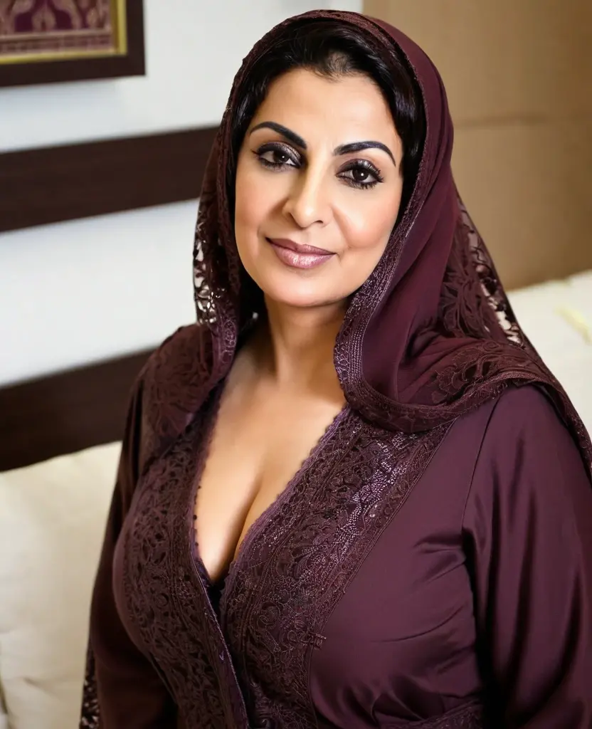 Fair and beautiful ,stunning ,curvy 45 year old mature Arab Muslim woman wearing a hijab and dark plum abaya frock tight form fitting showing deep cleavage big breas,ts low neckline in depth of field apartment interior background , medium close up shot , shot on iphone 13 , professional photo , no makeup