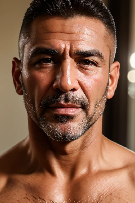 Dark theme、garden、(Very handsome hairless uncle:1.3)、(Glossy headskin:1.3)、Hairy pubis、Hairy legs、strong mustache、Good-looking middle-aged bald bodybuilder in black tank top and black pants、Cool statue to put your hands on your head(Confusion of bright red rose flowers on background:1.3)、Spectacular realistic photos、