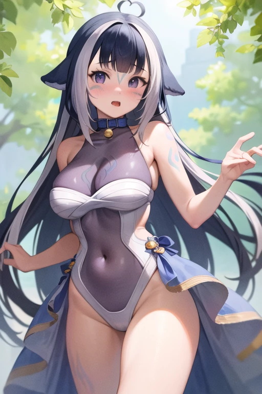 (((shylily))),((giant gram)), ((masterpiece)), (professional photography:1.2), ((highest quality)), (flat chest), (Sad face, I blush so much), 1 girl, slim, thin, Silky long hair, (exposed flat chest), beautiful navel, leaning forward, Face-to-face audience, ((sexy dress with wide open neck)), V-neck, strap sandals, simple hoop earrings, shell necklace, nature, (cute pose)