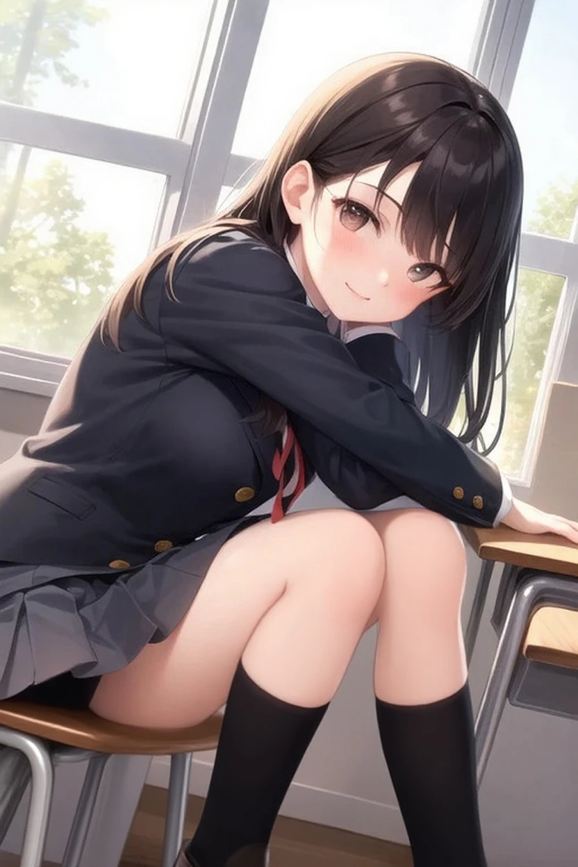highest quality, highest quality, beautiful anime、anime style, best lighting, beautiful face,、((1 girl、solo、slender、My chest got a little bigger、thin thighs、dark brown hair、straight、long hair、brown eyes、round eyes、Clear system、、))、((School、classroom、neatly lined desks))、((dark blue blazer、dark blue skirt、school uniform、ribbon、)))、NSFW、(Sit on a wooden chair、pink panties、cute panties、very surprised look、open your mouth、Climax、Cumming face)、photo from the knees up、((masturbate、Touch the female genitalia with your right hand、Clear fluid overflows from the female genitals))