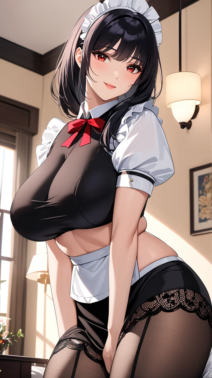 (On the table), best quality, expressive eyes, Perfect face, young people, (((((woman))))(((Large Breasts、Breast sagging、Low-cut，Cleavage ，Wide hips,)))((Long legs)),Hourglass figure)),), beautiful eyes, Brown eyes, Long black hair with bangs, office skirt, Sexy, Pink clothing. Smile, Sticking out tongue, Slightly fat body, red lips
