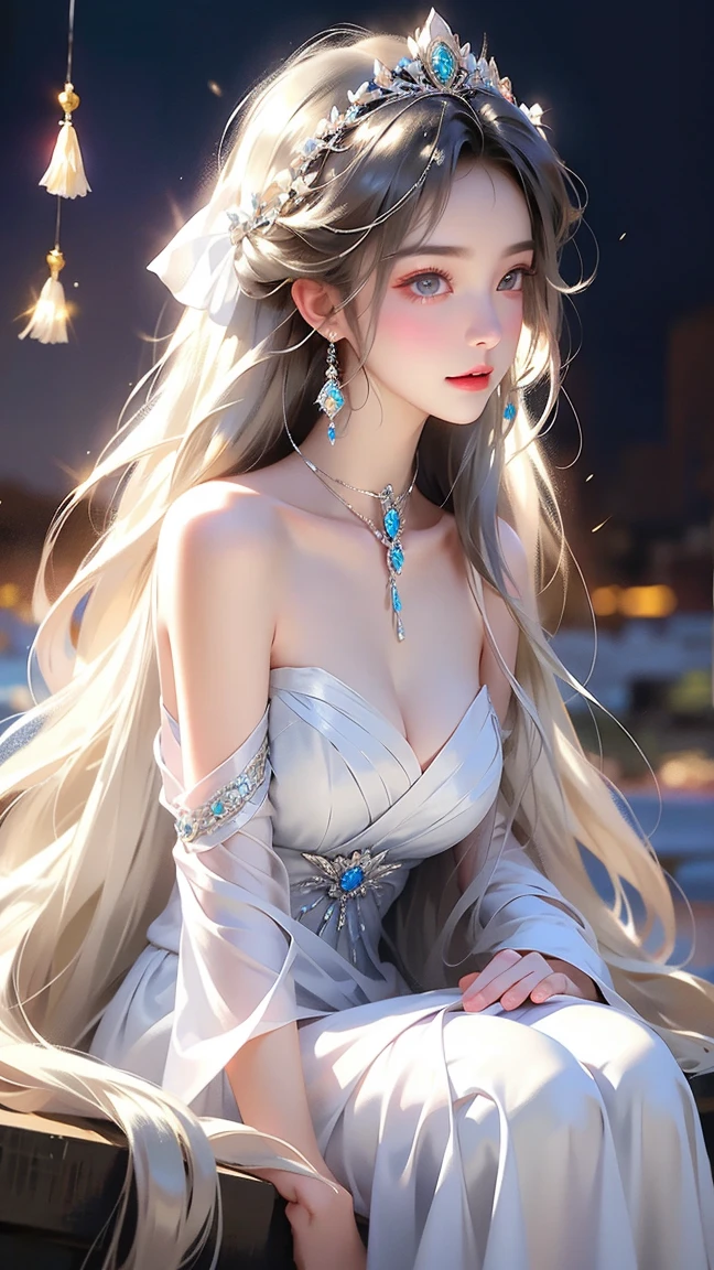(masterpiece:1.5, Highest quality, Very detailed、 Dutch Angle、Semi-realistic、Fantasy)(One Girl, alone)(White and beautiful hair:1.6,,Straight Long Hair)(White based dress、Fantasy Costume)、((Off the shoulder、Mid-chest、ruby necklace))(Beautiful cleavage、Legs wrapped in tights)(Beautiful starry sky、Mystical Night、Particles of light float around the woman、Fantasy space) Waiting to start