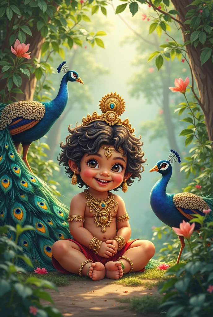 baby Krishna sitting in a peacock, background vibrant trees, Hindu temple