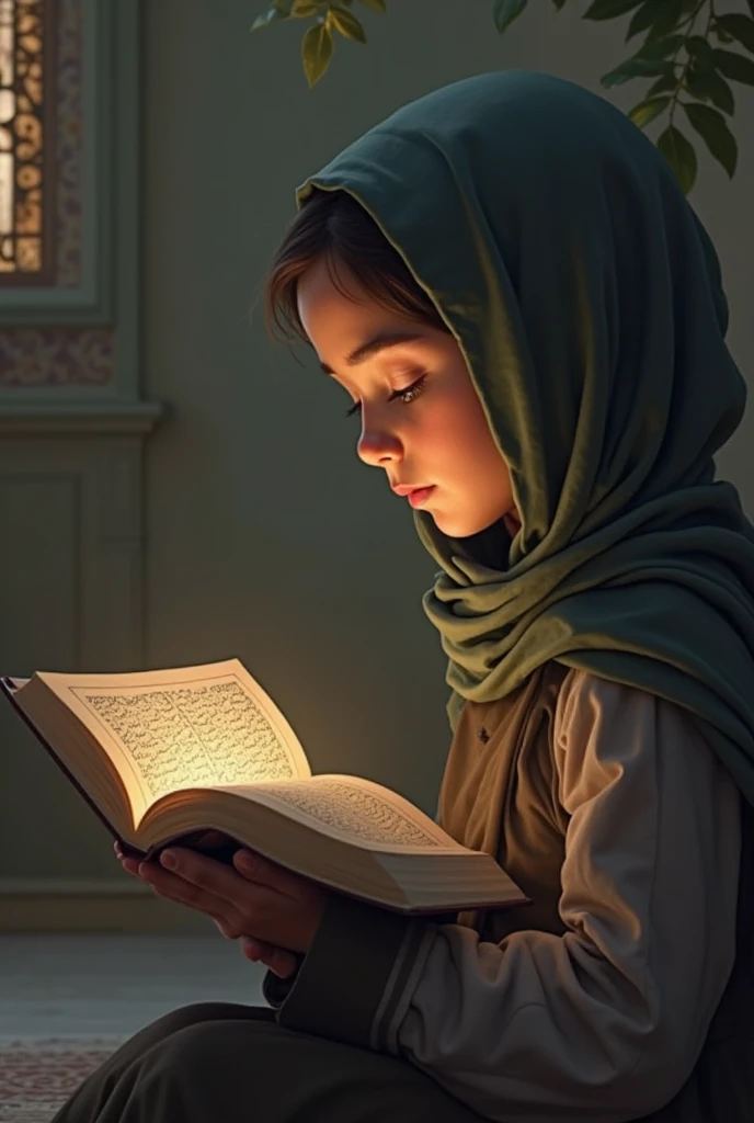 A girl holding with quran with a 
square box for writing